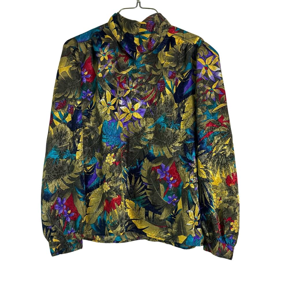 Eva Laurel New York Vintage Tropical Floral Jacquard Silky Blouse Size LARGE‎